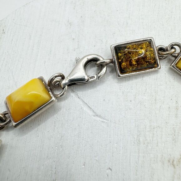 Bezel Set Amber Sterling Silver Link Bracelet Baltic Butter Cognac Honey Amber - Picture 7 of 13